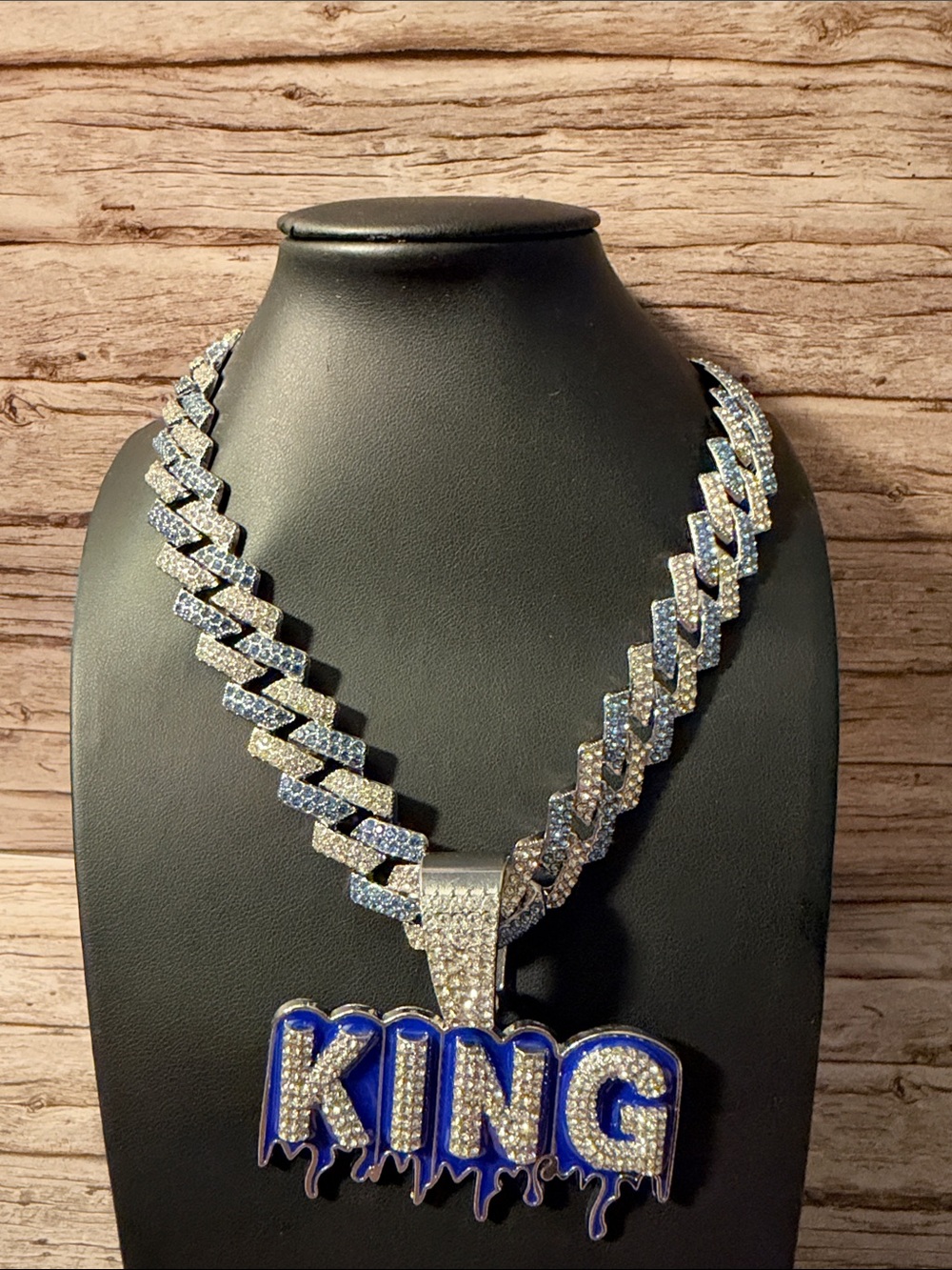Iced Out KING Pendant Cuban Chain And  Necklace Blue and Silver Stainless Steel